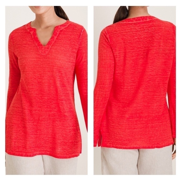 Chicos Size 3 (XL) Linen Tunic Top Long Sleeve Notch Neck Red/Orange - Picture 1 of 12